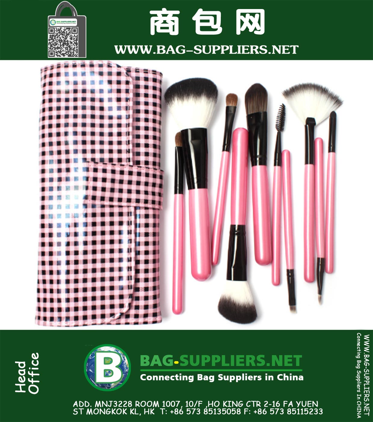 10er Set Make-up Pinsel Kunsthaar schwarz Holz Make-up Pinsel Plaid rosa pu Kosmetiktasche Make-up-Werkzeugsatz