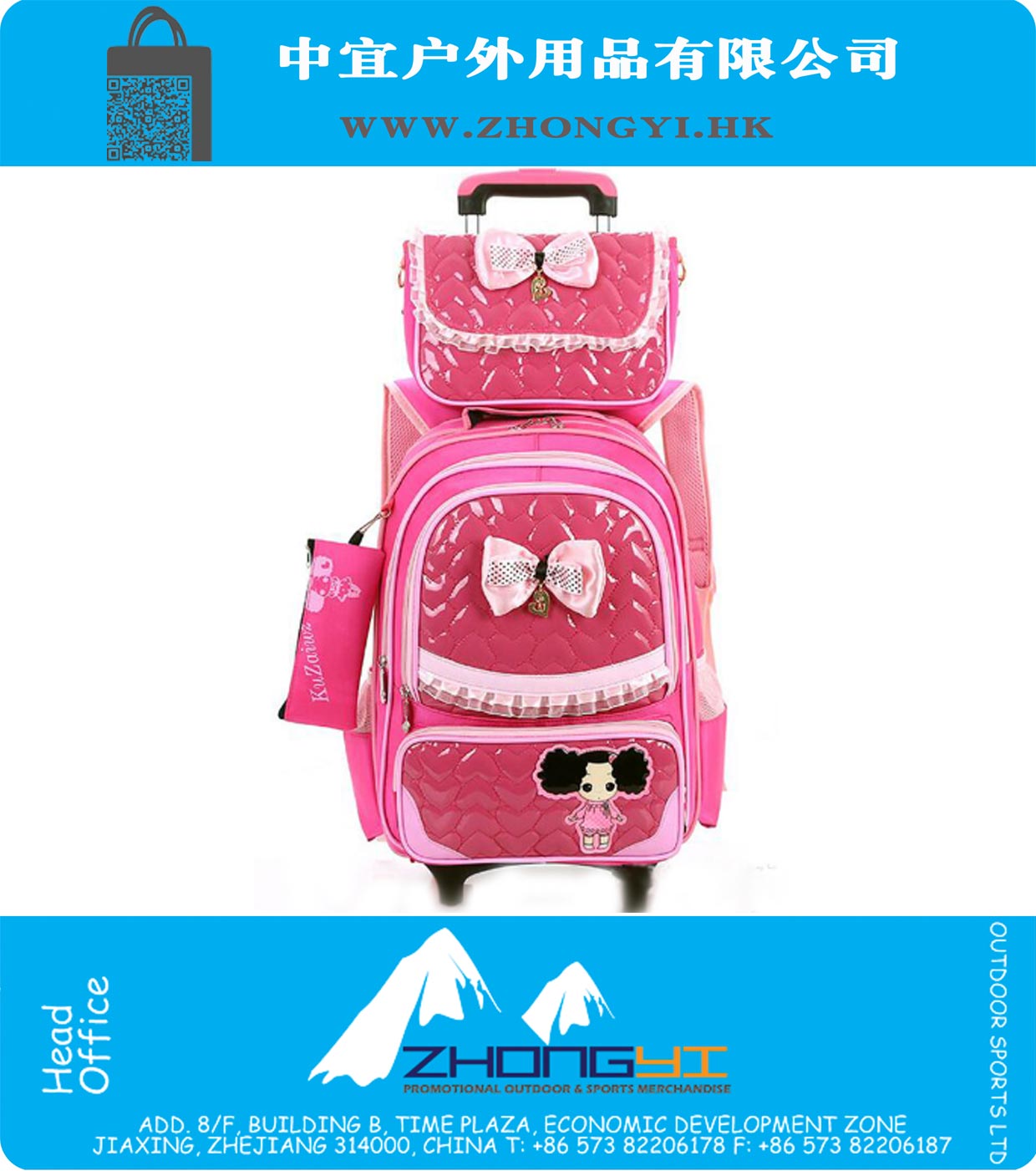 As meninas bonitos boneca Trolley Backpack Set Kid rosa PU Shool Leather Bags Ruffles removível rodas Backpack