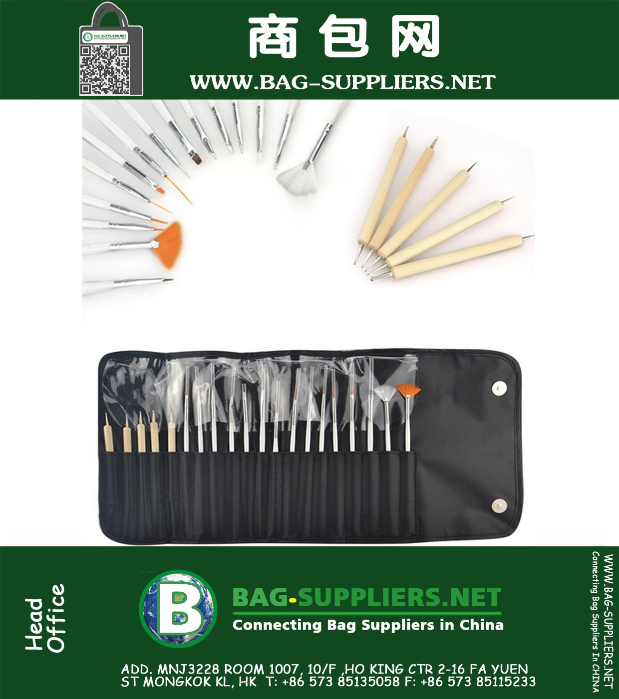 Manicure Set Kit 15pcs Art Nail Ferramentas Escovas e 5pcs Nail Art Dotting Pen prego DIY Ferramenta Art em sacos pretos