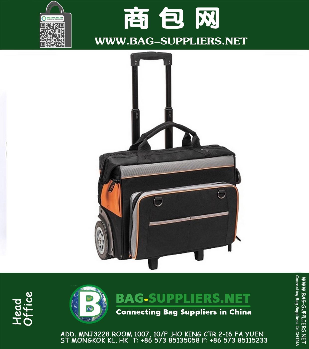 Rolltasche ist eine schwere fahrbare Werkzeugtasche mit robusten 6-Zoll-Rädern, die leicht unebenes Gelände verarbeiten können.