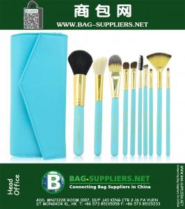 10PCS Professional Portable Makeup Tools Set Powder Horse Hair Dome Blush Eyebrow Brush Lip Brush PU Leather Bag