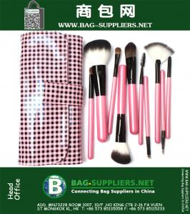 10pcs cepillo conjunto de maquillaje de madera negro pincel de maquillaje de color rosa a cuadros PU bolsa cosmética herramientas de maquillaje pelo sintético
