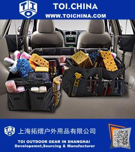 Car Trunk Cargo Organizer Rear Backseat Storage Container for Vans, Suv, Cars, Trucks, 600D Oxford polyeste with Rope Handles, Collapsable Folding, Kids Toy Organizers