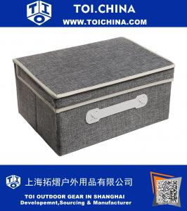 Decorative Gray Woven Collapsible Fabric Lidded Shelf Storage Bin