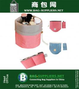 Fácil de transportar em forma de barril de Viagem Cosmetic Bag Nylon Makeup Tools Organizador saco de armazenamento saco de cordão de alta capacidade