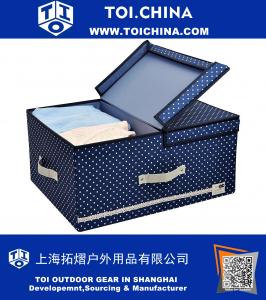 Foldable Thick Polyester Storage Bin Clothes Organizer Box with Lid and Removable Divider, 60 L, Blue Dot with Navy Blue Trim