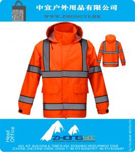 Высокое качество Mens оранжевый светоотражающий куртка безопасности куртка рабочая одежда дождя износ дождевик с капюшоном