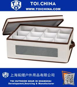 Huishoudelijke Essentials Storage Box for Tea Cups and Mugs met deksel en Handles - Natural Canvas met Brown Trim