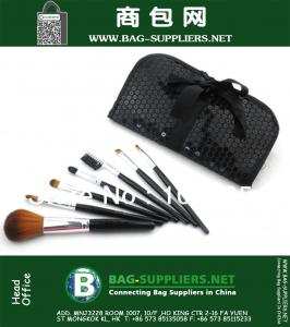 Outils de maquillage 7pcs font brosse pinceaux de maquillage professionnel, brosse de maquillage noir avec un sac noir à paillettes