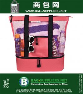 Mesh Beach Tote Bag for Women w Insulated Picnic Cooler and Zipper Top