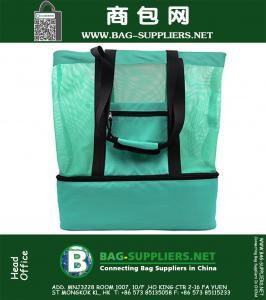 Mesh Beach Tote Bag with Insulated Picnic Cooler Ice Bags, Green 40L