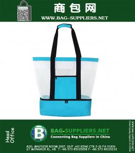 Mesh Canvas Cooler Shopper Shoulder Handbag Tote Bag for Beach Picnic