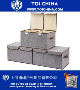 Storage Boxes Large Linen Fabric Foldable Storage Cubes Bin Box Containers Drawers with Lid and Handles - Gray