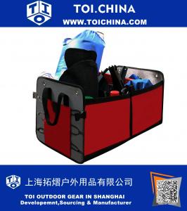 Trunk Cargo Organizer Car Storage Container Foldable and Flexible 2 Compartments for Cars, SUV, Minivan and Truck, Color Red and Black